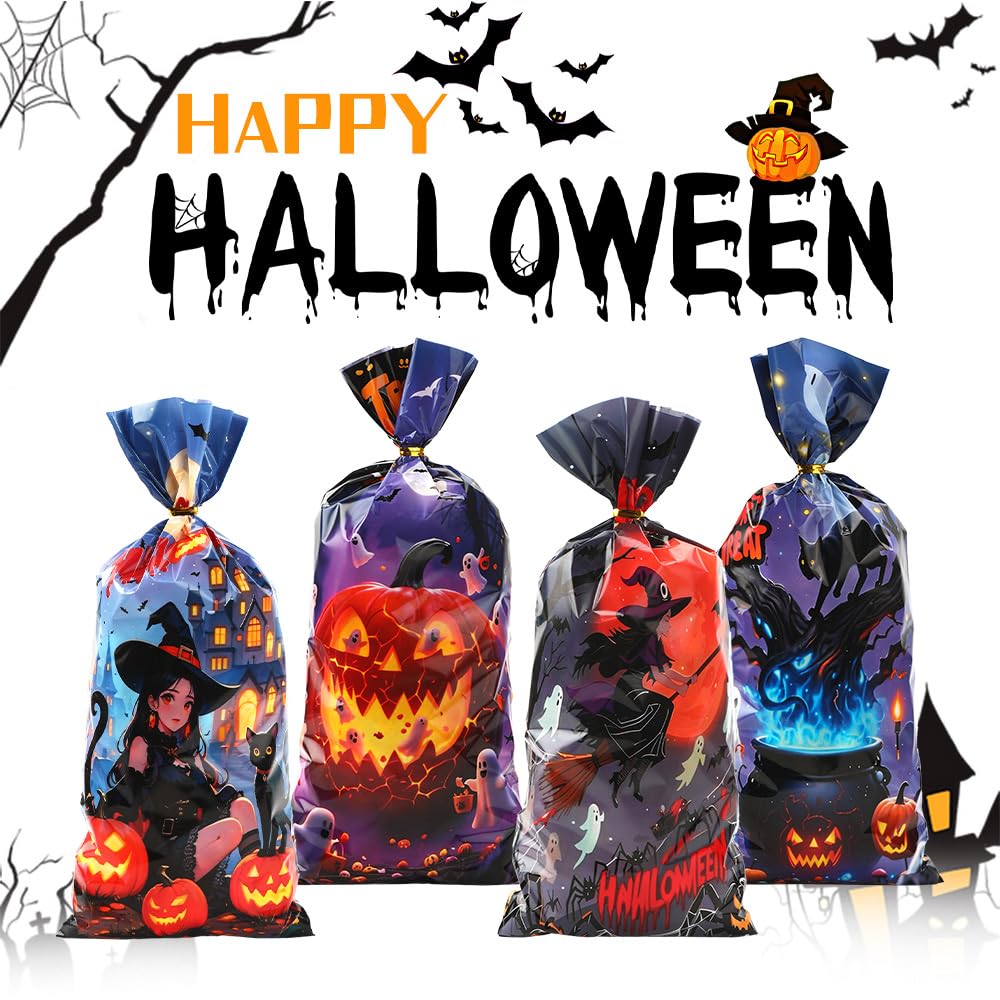 Halloween Cellophane Treat Bags, 100 Pcs Plastic Trick or Treat Candy Goodie Gift Bags with Twist Ties, 4 Style Clear Cookies Snack Goody Bag for Halloween Birthday Party Favors Supplies 10.8 X 4.9 In