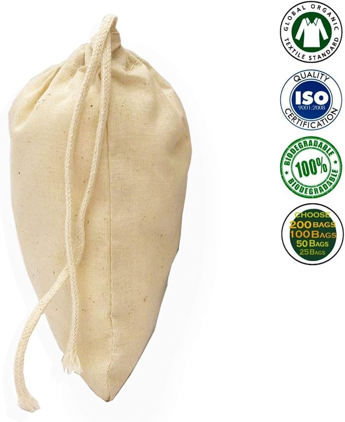 3x5 Inches Natural Cotton Reusable Produce Muslin Bags – Multipurpose Drawstring Storage Pouch for Everyday Use (25)