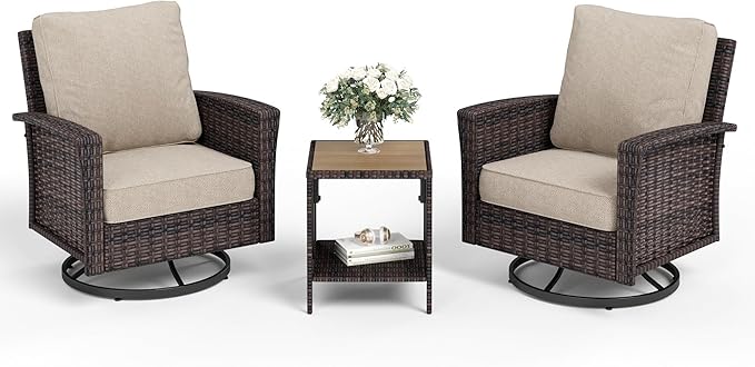 SUNSHINE VALLEY Patio Wicker Swivel Chairs Set of 2, Outdoor High Back Chairs with 5.5" Waterproof Cushions and Side Table, Outdoor Furniture Set for Deck Porch and Yard, Peacock Blue