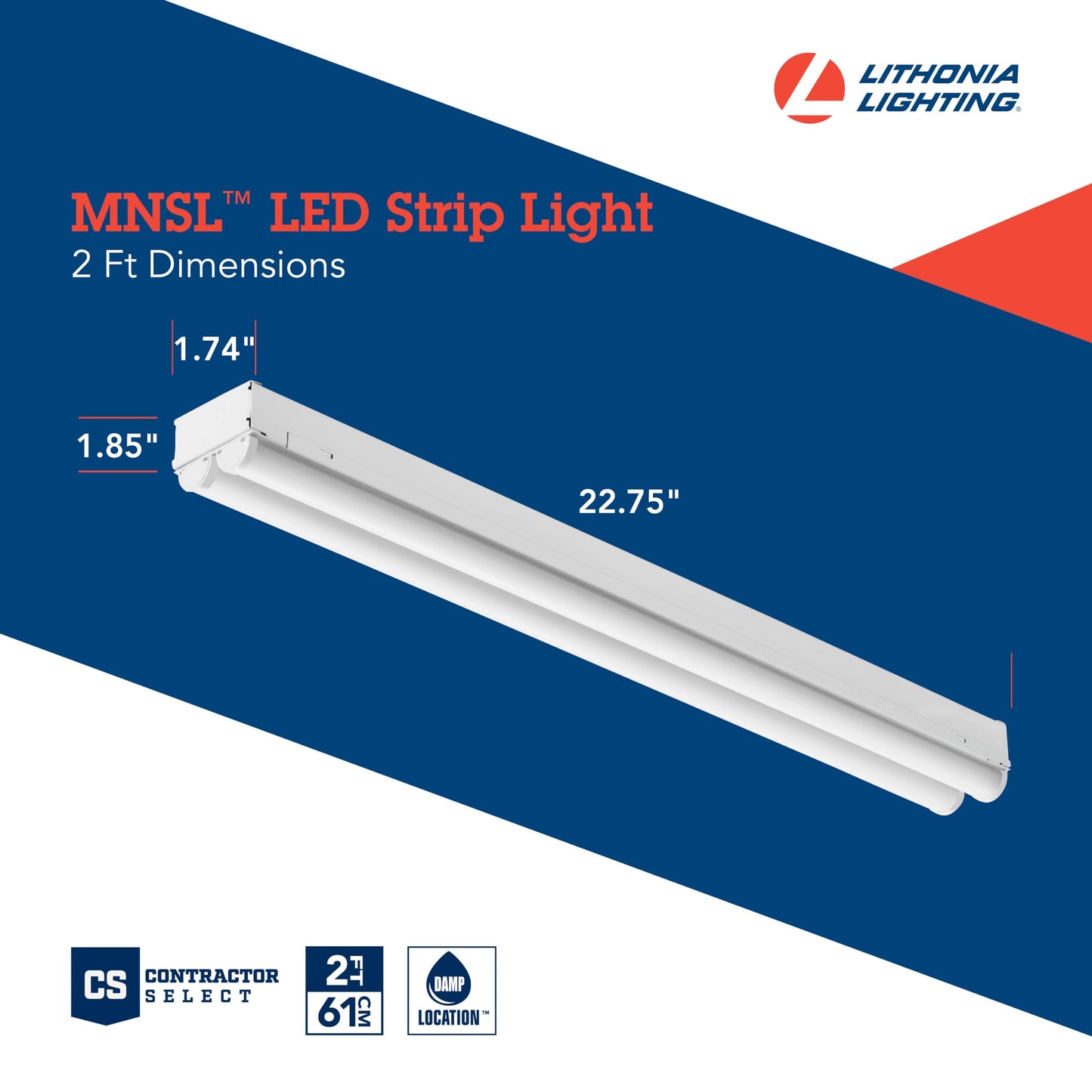 Lithonia Lighting 2 Light LED Strip Light, 2 Foot LED Ceiling Lighting Fixture, 2500 Lumens, 4000K, 80CRI, 20W, Kitchen and Garage Use (MNSL L24 2LL MVOLT 40K 80CRI M6)