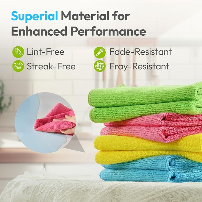 Microfiber Cleaning Cloths 12x12IN 12Pack Colour Lint Free Kitchen Cloths - Extra Thick, Streak-Free, Lint-Free, Fast Absorbent - Reusable Multi-Purpose Housekeeping Rags for Cars, Dishes, Floors