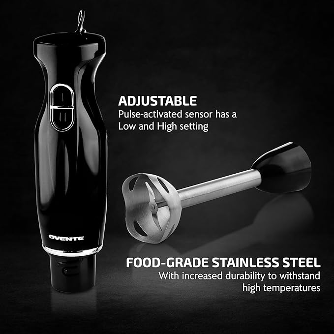 OVENTE Immersion Hand Blender, 300W Corded Electric Handheld Stick Mixer with 2 Mixing Speeds and Stainless Steel Blades for Smoothies, Purees & Baby Food, Black HS560B