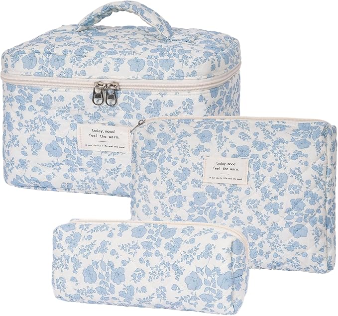 Quilted Makeup Bag,Large Cosmetics Bag Set,Coquette Floral Make up Pouch,Travel Toiletry Bag for Women