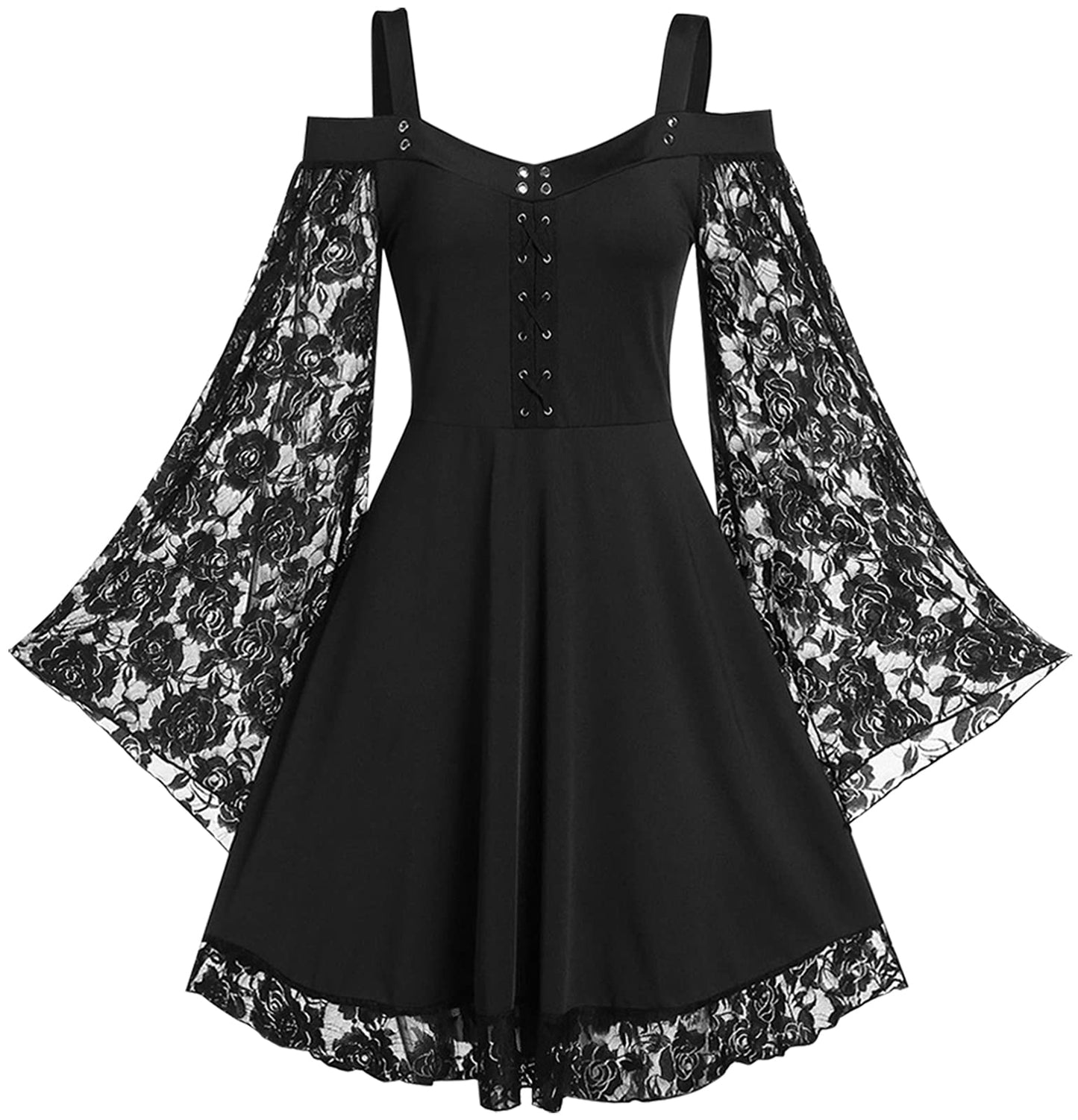 Panegy Women’s Steampunk Gothic Dress Renaissance Bustle Dress Off Shoulder Lace Medieval Dress Long Sleeve Victorian Goth Dresses Black