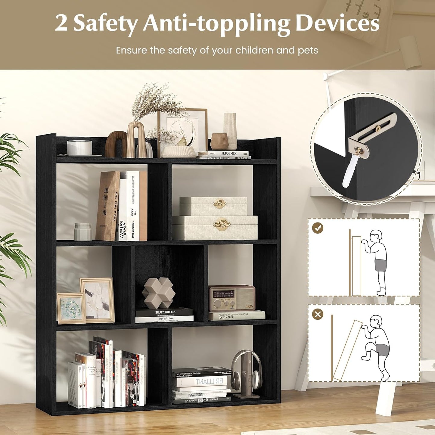 Giantex 7 Cubes Bookshelf, Free-Standing Wooden Bookcase, 4 Tier Home Display Shelf, Horizontal Storage Unit w/Anti-Toppling Devices, Open-Back Display Rack for Study, Living Room (1, Black)