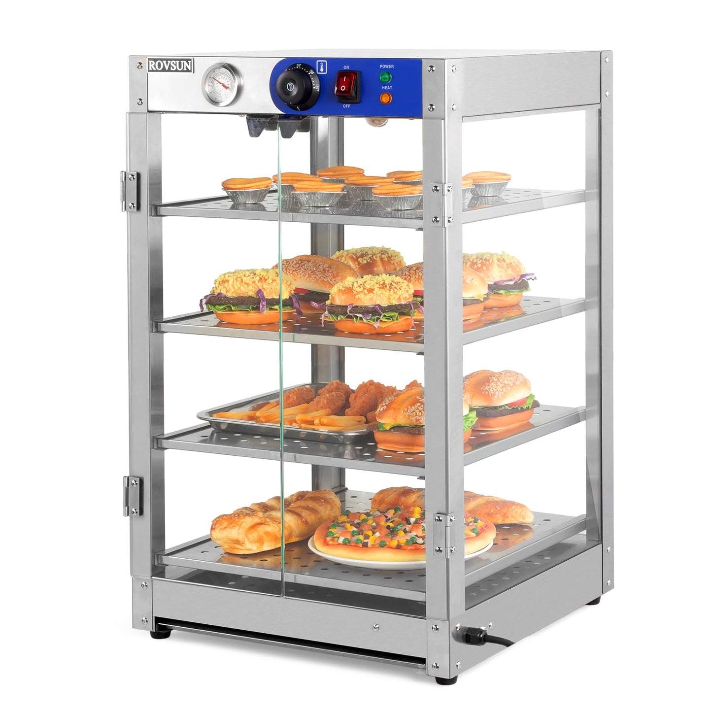 ROVSUN 4-Tier Commercial Food Warmer Pizza Warmer Countertop, Food Warmer Display with LED Lighting Removable Shelves Glass Door, Pretzel Warmer for Buffet Restaurant Cafe, 110V 800W