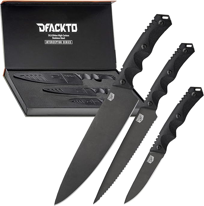 DFACKTO Premium Rugged 3-Piece Kitchen and Camping Knife Set, High Carbon Stainless Steel, G10 Handles, Full Tang - BBQ, T...