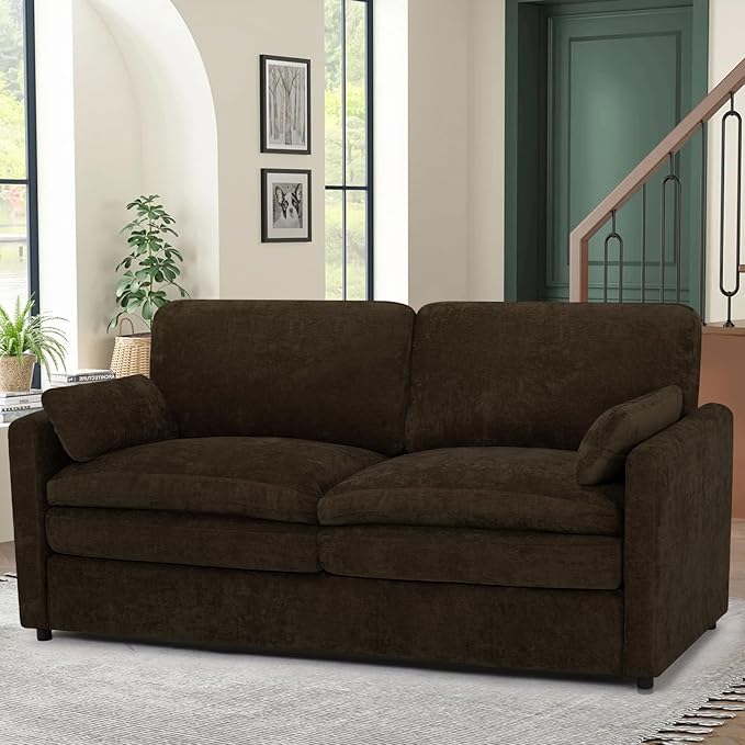 ACMEASE 69” Chenille Loveseat Sofa w/Arm Pillows, Upholstered 2-Seater Sofa w/Comfortable Back Cushions, Modern 2 Seats Couch w/High-Density Foam for Living Room, Apartment, Office, Brown