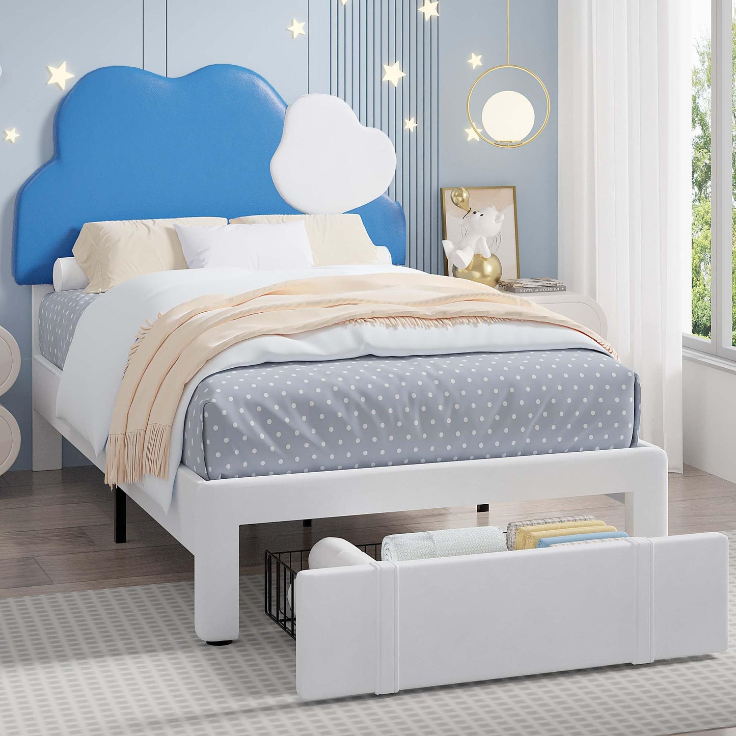 VECELO Twin Upholstered Bed Frame for Kids, Platform Bed Frames with Cloud-Shaped Headboard, Large Storage Drawer, Wooden Slats Support, Noise-Free, Blue