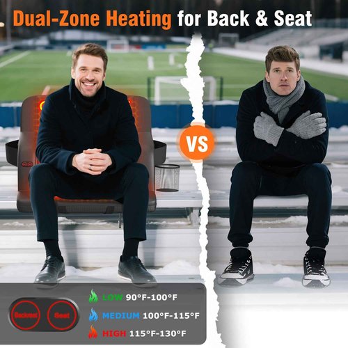 Suteck Dual-Sided Heated Stadium Seats for Bleachers with Back Support, 25" Portable Heated Bleacher Seat with Backrest, 3 Heat Levels, 5 Pockets – Ideal for Outdoor Stadiums and Events - Black