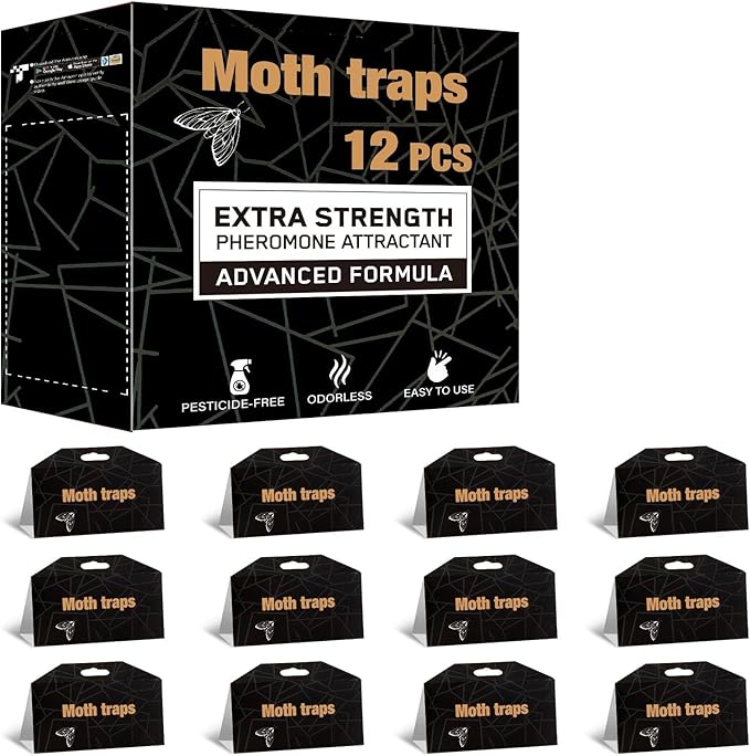Upgraded Moth Traps, 12Pack Double Potent Pantry & Clothes Traps with Pheromones Prime, No Toxic & Odorless Meal Moth Trap, Organic Sticky Moths Balls Repellent with Lure for Closet, Kitchens