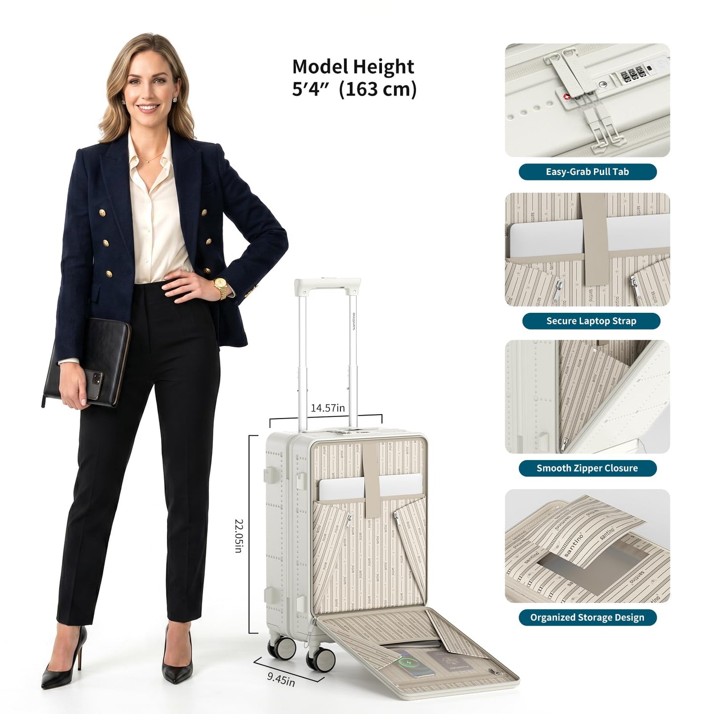 Santino Carry On Luggage 22x14x9 Airline Approved 20 Inch baggage pc Hard Shell Suitcase with Spinner Wheels TSA Lock with USB Port and Cup Holder and phone holder Top Opening Suitcase