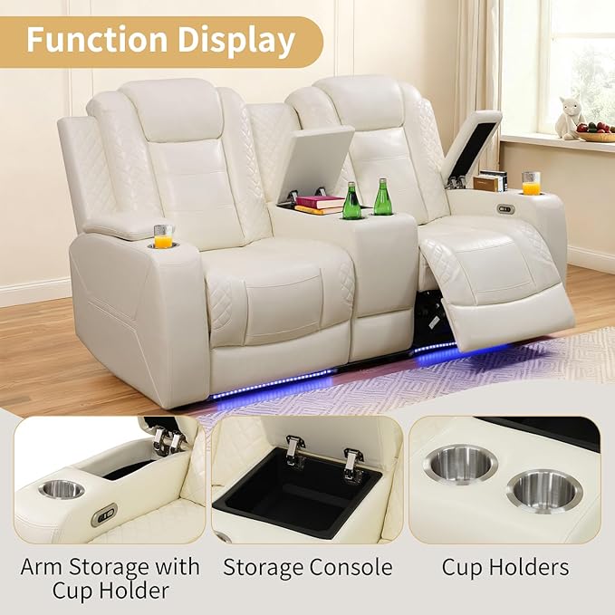 Caberryne Power Recliner Sofa Set with LED Lights,Leather Reclining Couch and Loveseat Set with USB Port/Coffee Table/Cup Holder,Living Room Set with 4 Recliner Seats for House(2 Piece Set,Creamy)