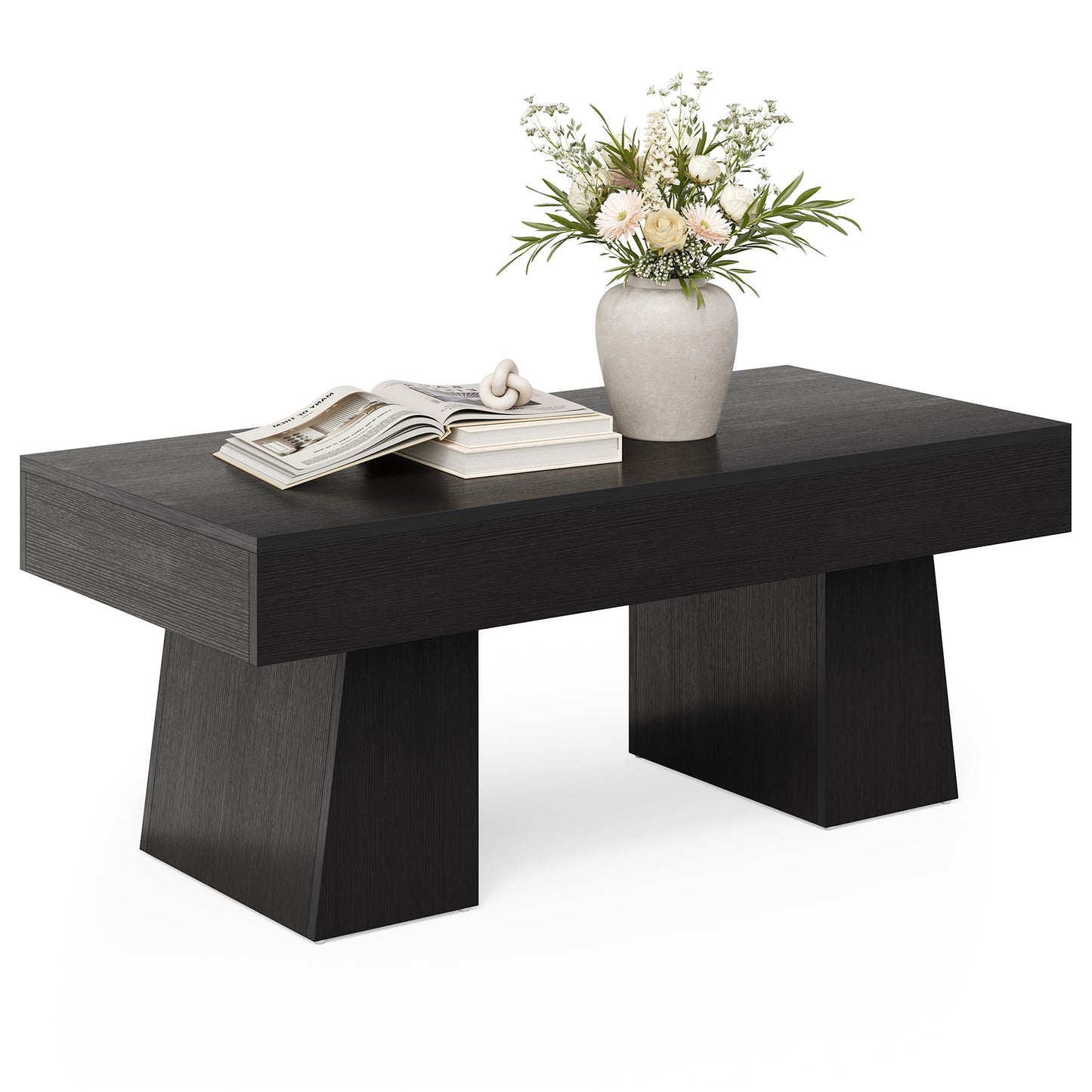 LITTLE TREE Farmhouse Coffee Table, 47 Inches Wooden Rectangular Accent Center Tables with Thick Base, Modern Low Cocktail Tea Furniture for Living Room (Black)