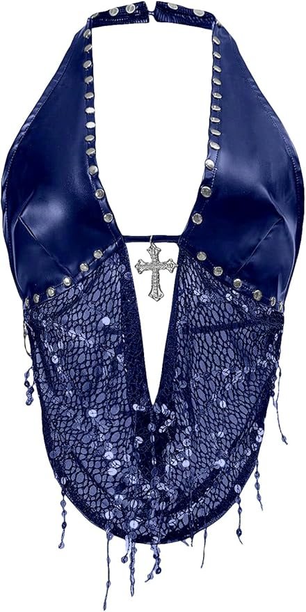 SOLY HUX Women's Gothic Grunge PU Leather Sparkly Halter Crop Top Y2k Deep V Neck Vest Rave Outfits