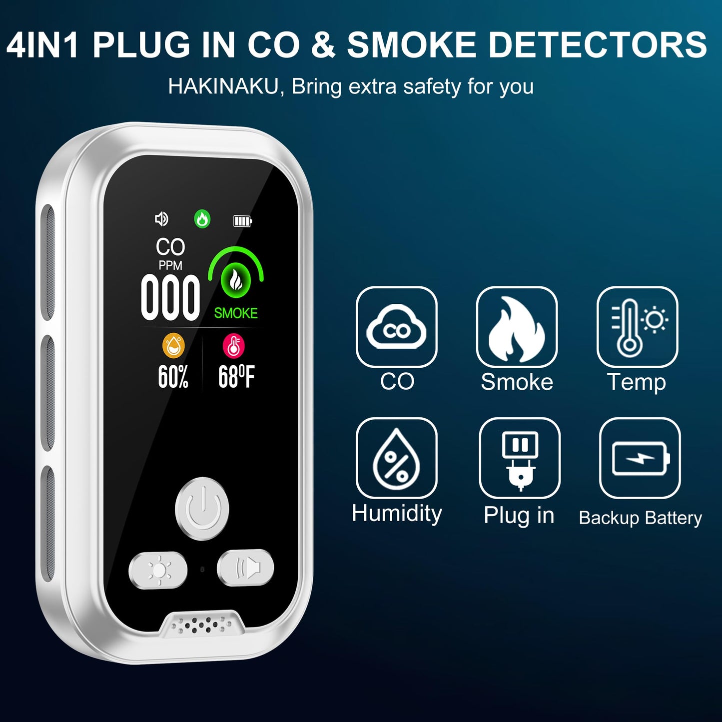 HAKINAKU 4in1 Plug in Smoke & Carbon Monoxide Detector Combination Builti-in 2000mAh Backup Battery HD Screen [Smoke CO Temp Humidity Sensor] for Home Hotel Travel (1 Pack, White)