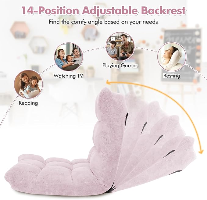 GOFLAME 14-Position Folding Floor Chair, Padded Gaming Lazy Sofa Chair with Adjustable Backrest, Couch Recliner, Sleeper Bed Lounge Chair for Reading, Gaming, Meditating (Light Pink)