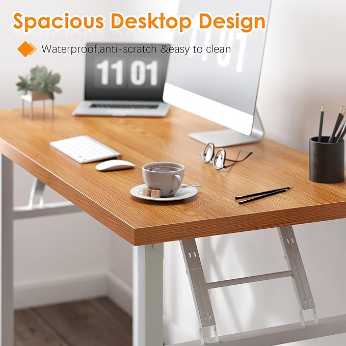 Need Office Computer Desk - 54.3L Sturdy and Heavy Duty Folding Laptop Table,Writing Table/Home Office Desk/Sewing Table,No Assembly Required (Teak & White Frame)