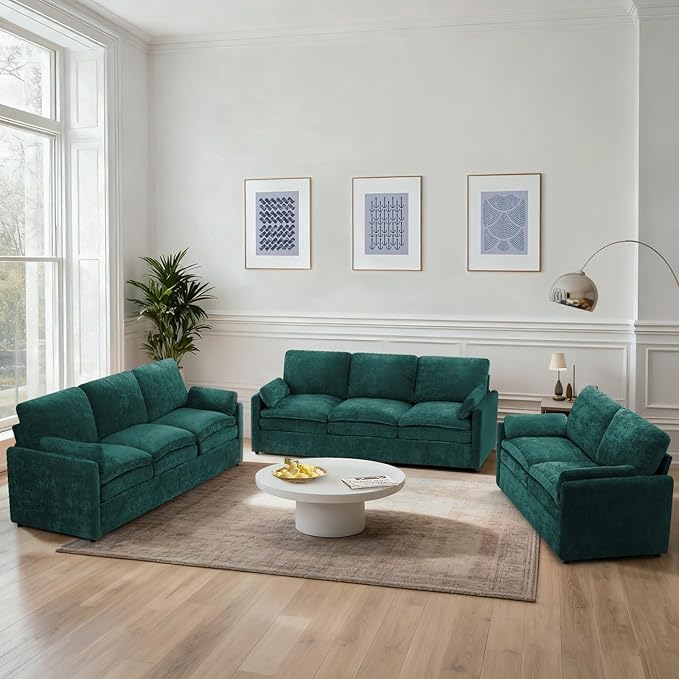 ACMEASE 3 Pieces Chenille Sofa Set w/Arm Pillows, Upholstered Loveseat & 2 Pieces 3 Seater Sofa w/Comfortable Back Cushions, Modern 2-Seat & 3-Seat w/High-Density Foam for Living Room, Teal