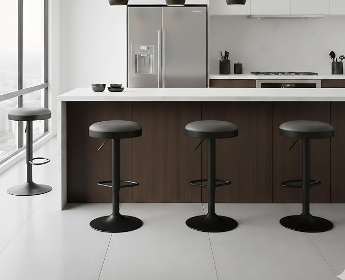 EALSON Modern Swivel Bar Stools Set of 4 Adjustable Counter Height Backless Barstools with Metal Base Leather Upholstered Round Bar Stool Chairs for Kitchen Island/Pub/Breakfast Bar, Grey