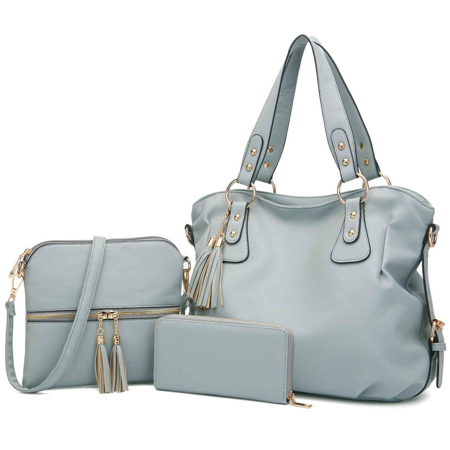 Purses And Wallets Set For Women Tote Handbags Large Hobo Bag Purse With Wallet 3PCS GreyBlue