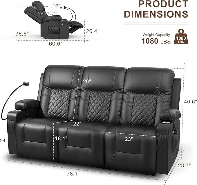 FURNIMAT Recliner Sofa Set with 3+1 Pieces in Living Room, 3 Seater Reclining Sofa with USB Ports, Cell Phone Holders, 1 Recliner Chair with Vibration Massage and Heat Single Sofa Seat, Bedroom, RV