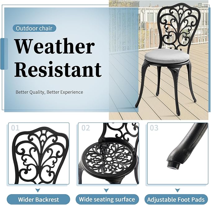 Withniture 3 Piece Bistro Patio Set Cast Aluminum Bistro Table and Chairs Set of 2 with Cushion,Outdoor Bistro Table Set with Umbrella Hole,Metal Patio Furniture Set for Garden,Black