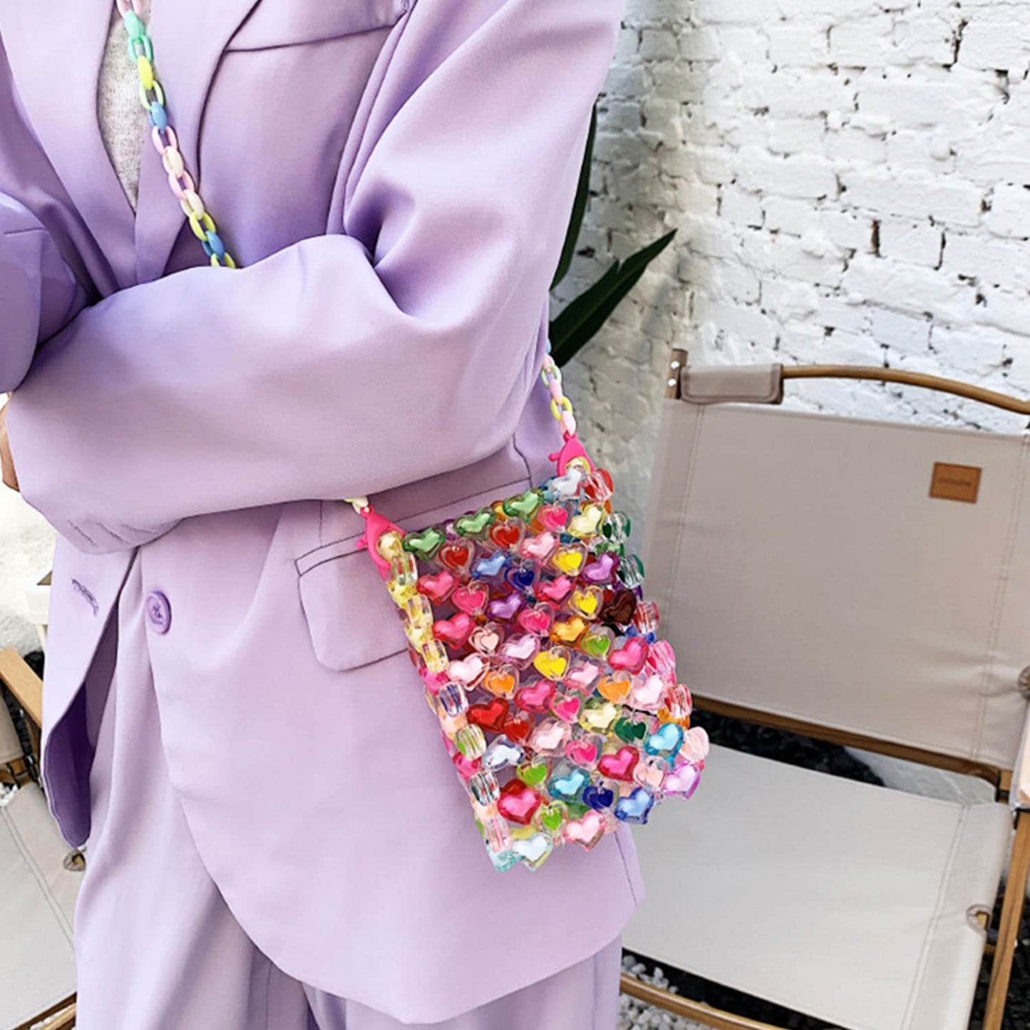 YEZILUU Woman's fashion rainbow bag colorful beads bag red crystal bag hand-woven glitter beads bag (beads big bag)