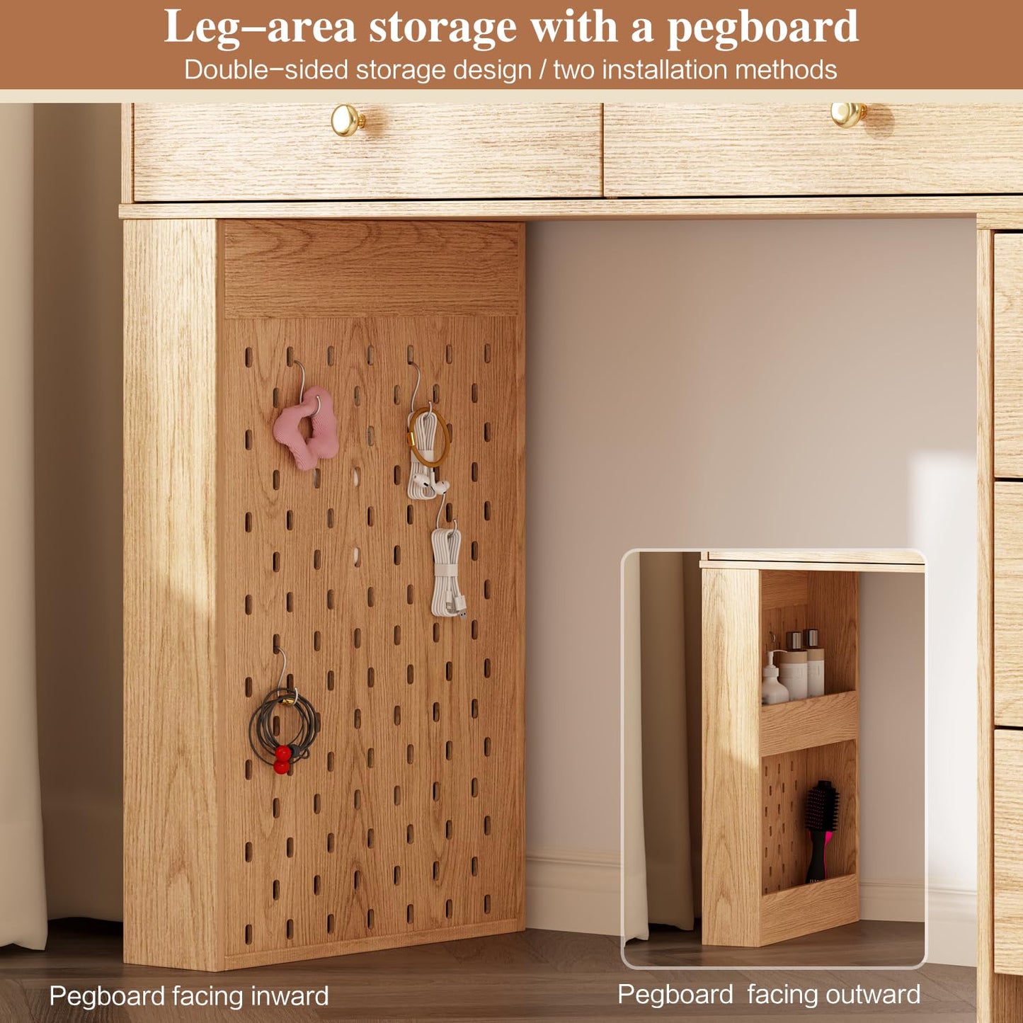 Ieejdn Large Makeup Vanity Desk with Mirror and Lights, Vanity Desk with 8 Drawers & Storage Shelves, Vanity Table with Power Outlet, 3 Color Modes & Adjustable Brightness Dressing Table, Bedroom,Oak