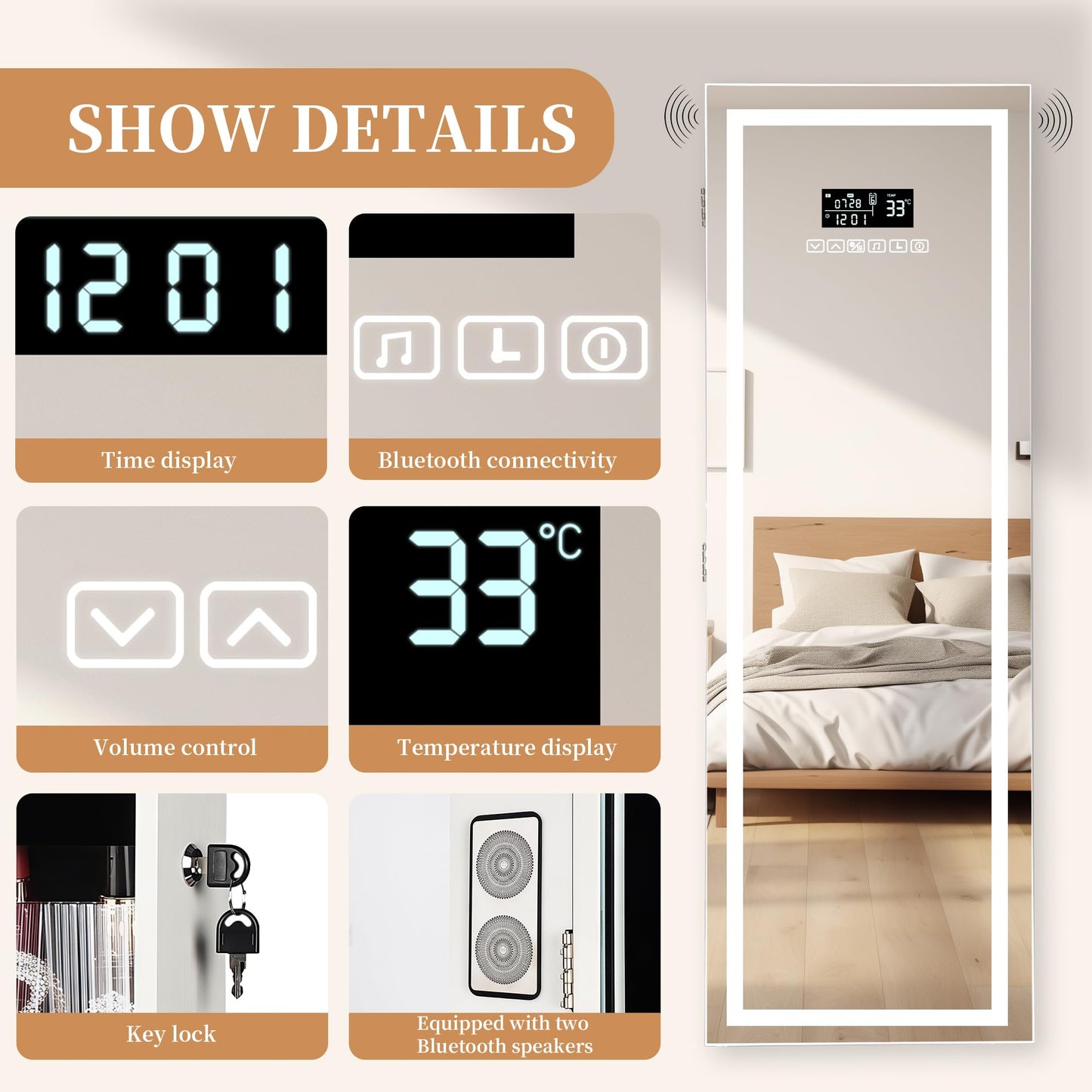 chaoguan LED Mirror Jewelry Cabinet with Bluetooth Speaker, Wall/Door Mounted Jewelry Organizer Armoire, Full Length Lighted Mirror with Jewelry Storage,Jewelry Box Standing for Women