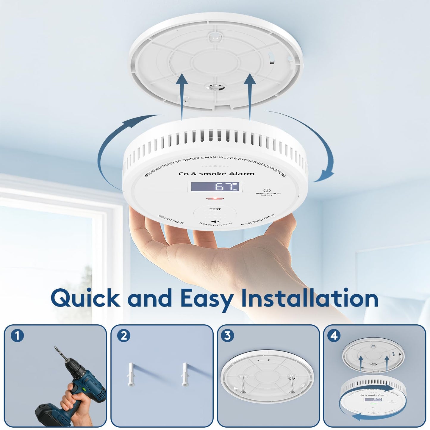 10-Year Battery Smoke and Carbon Monoxide Detector 2-in-1 with Digital Display, 85dB Visual & Audible Alarm, Easy Setup for Living Room,Camper,RV, Brings Peace of Mind