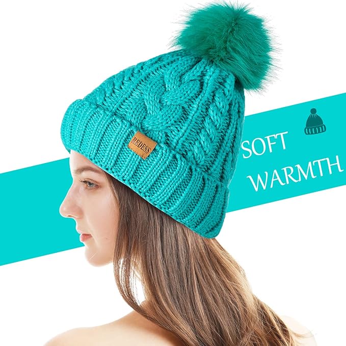 REDESS Women Winter Pompom Beanie Hat with Warm Fleece Lined, Thick Slouchy Snow Knit Skull Ski Cap