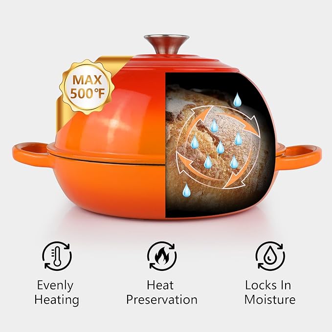 6QT Bread Dutch Oven Pot with Lid, Enameled Cast Iron Dutch Oven for Sourdough Bread Baking, Roasting, Stewing and Soup, Non-Stick Enamel Cookware for Oven/Stovetop, Perfect for Homemade Bread, Orange