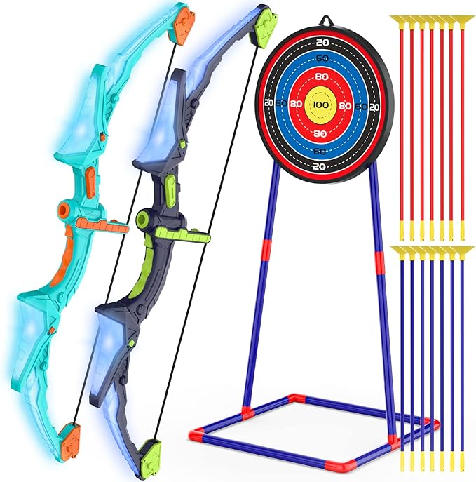 Kmuxilal 2 Pack Kids Bow and Arrow Set with LED Flash Lights, 14 Suction Cup Arrows and Fluorescence Standing Target-Perfe...