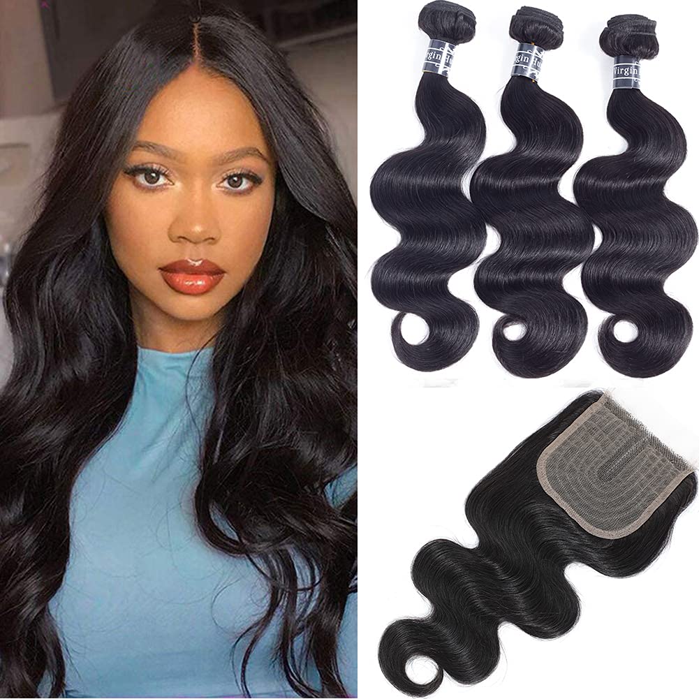 Amella Hair Brazilian Virgin Remy Body Wave Bundles with T Part Closure 4x0.75 Middle Part(20 22 24+16) 8A Body Wave Human Hair