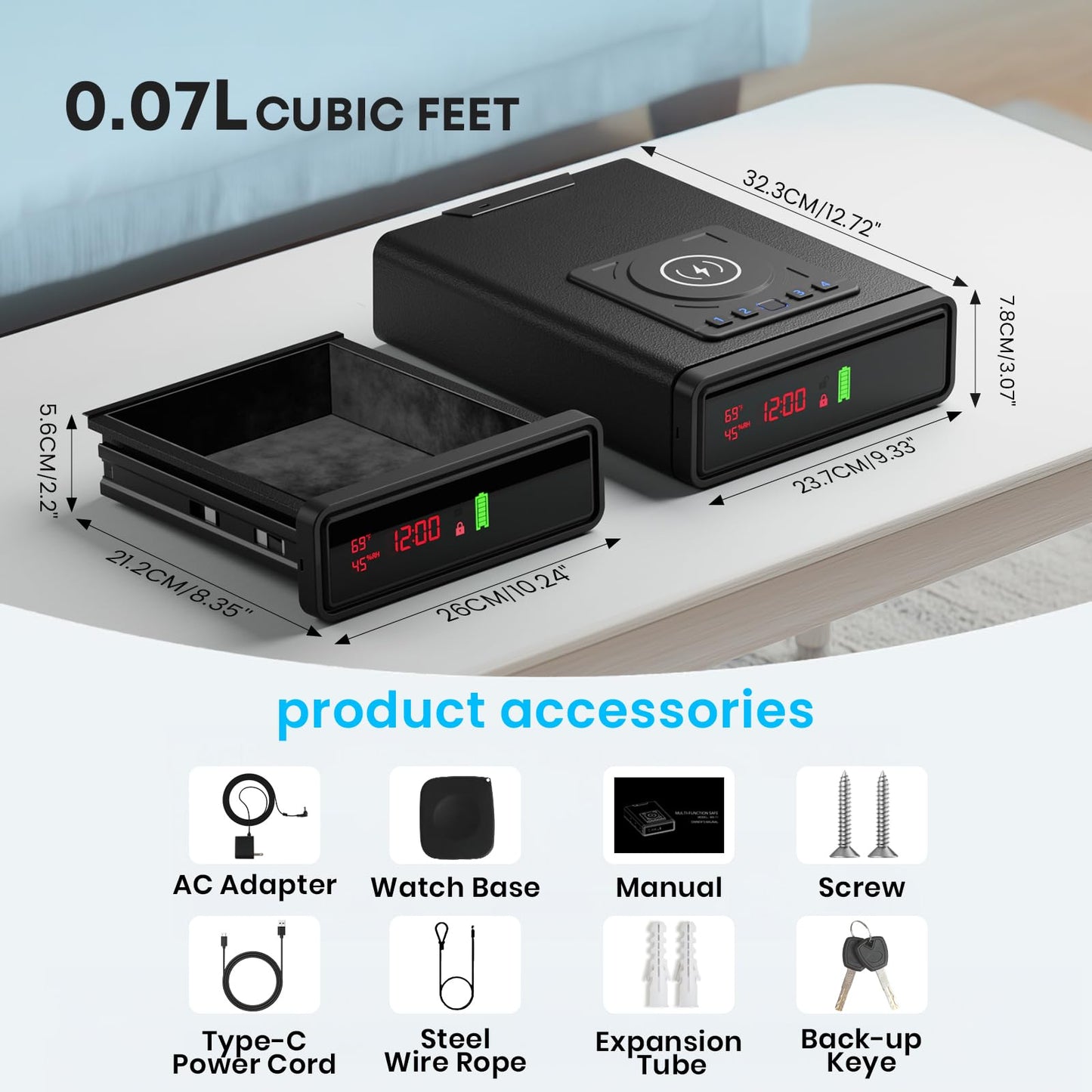 Biometric Fingerprint Gun Safe with Phone & Watch Wireless Charging, 3 Quick Access, Clock Handgun Safe with Adjustable Brightness, Backlit Keypad, Pistol safe for home, office, family