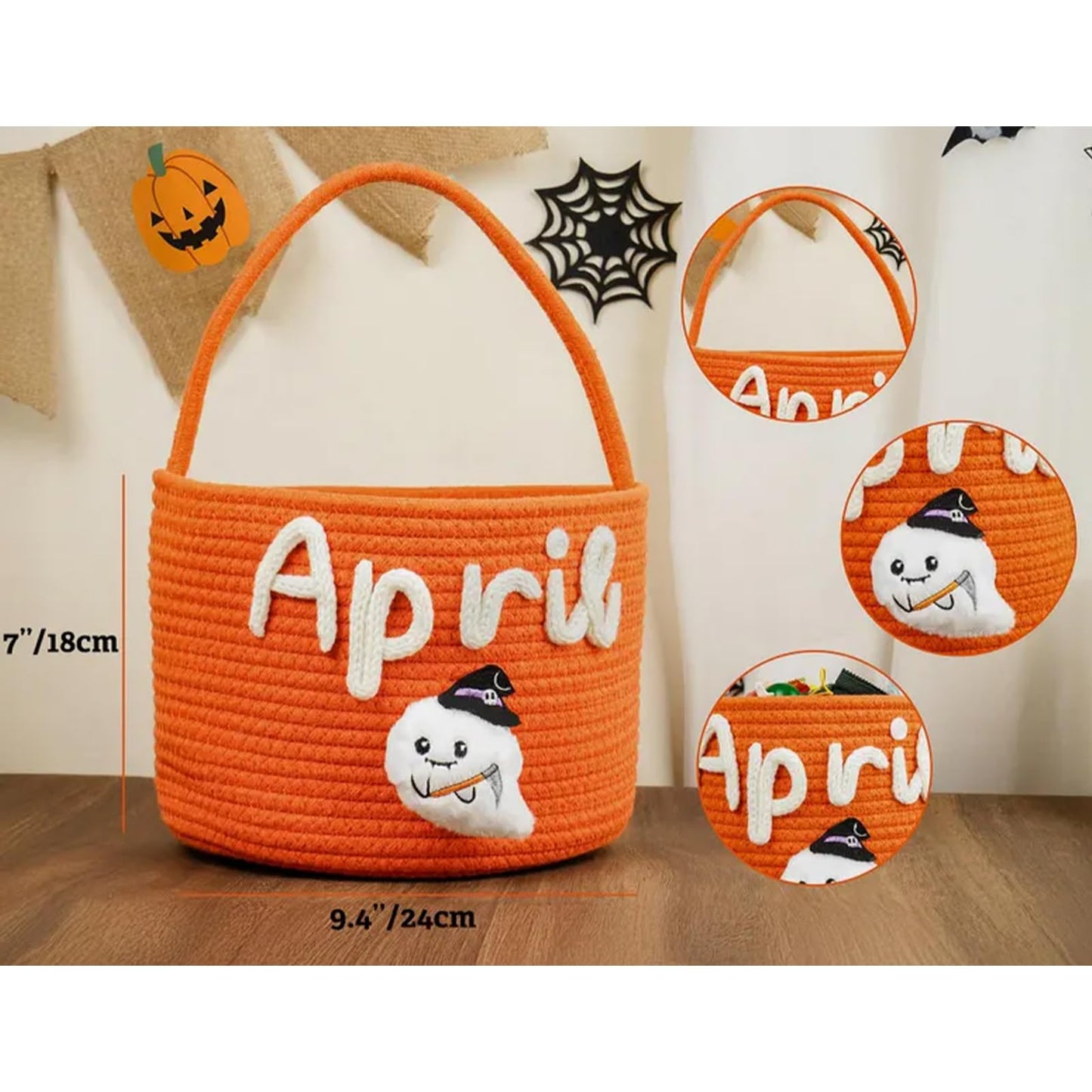 Personalized Halloween Basket for Kids Custom Trick or Treat Bag with Name, Handmade Candy Tote, Embroidered Pumpkin or Ghost Bucket Ideal Halloween Gift or Costume Accessory