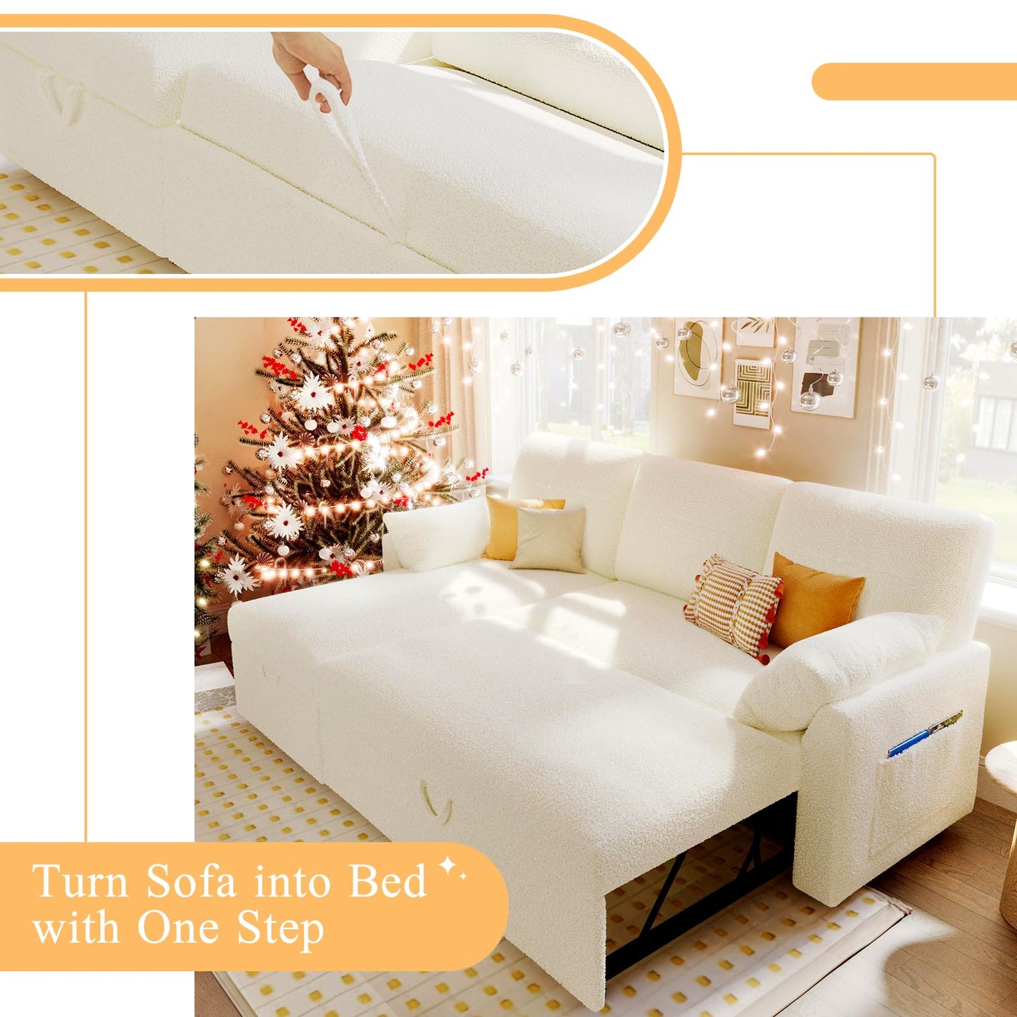 VanAcc Sofa Bed, Sleeper Sofa- 2 in 1 Pull Out Couch Bed with Storage Chaise for Living Room, White Sherpa 84in x 59in x 39in