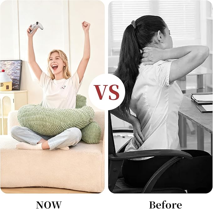 PAJEO Back Pillow for Bed Sitting Up,U Shaped & Back Support Pillow for Bed,19" Backrest with Lumbar & Arm Support,Comfy Corduroy Fabric,Lap Pillow for Gaming/Reading/Watching TV,Green