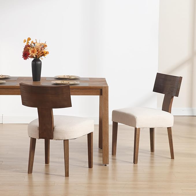 DM Furniture Farmhouse Kitchen Table Chairs Set of 4, Linen Fabric Upholstered Dining Room Chairs with Wooden Legs, Comfy Armless Dining Room Side Chair with Backrest, Beige-Dark Brown Legs