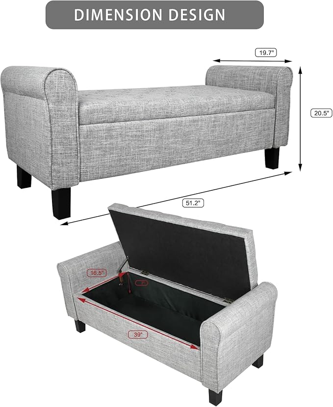 Babion Storage Bench for Bedroom, Button Linen Fabric, 51Inch, End of Bed Storage, Upholstered Rolled Arm Window Seat with Solid Wood Legs, Light Grey