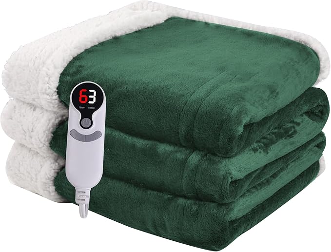 Heated Blanket Electric Throw Size 50''x60'' with 9 Heating Levels, 3 Hour Auto Shut Off, Machine Washable, Flannel & Sherpa Double-Sided Soft Warming Blanket for Couch, Bed, Office - Grass Green