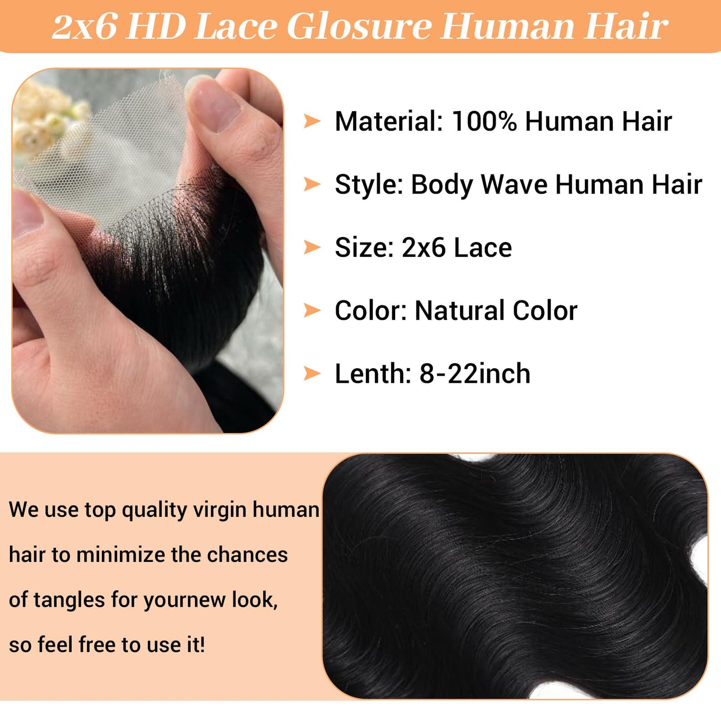 2x6 HD Lace Closure Body Wave Transparent 2 by 6 HD Lace Closure 14 Inch 100% Brazilian Virgin Unprocessed Middle Part Human Hai