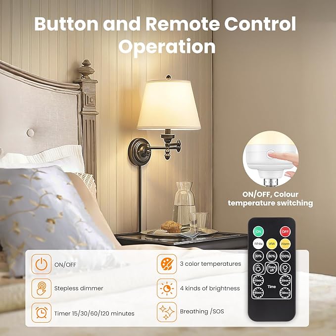 2Packs E12 Rechargeable Magnetic Light Bulbs with Remote and Hook, 10W 900LM Battery operated Emergency LED Bulb 3500mAh, Portable Large Camping Tent Lamp for Home, Hurricane, Power Outage & Outdoor