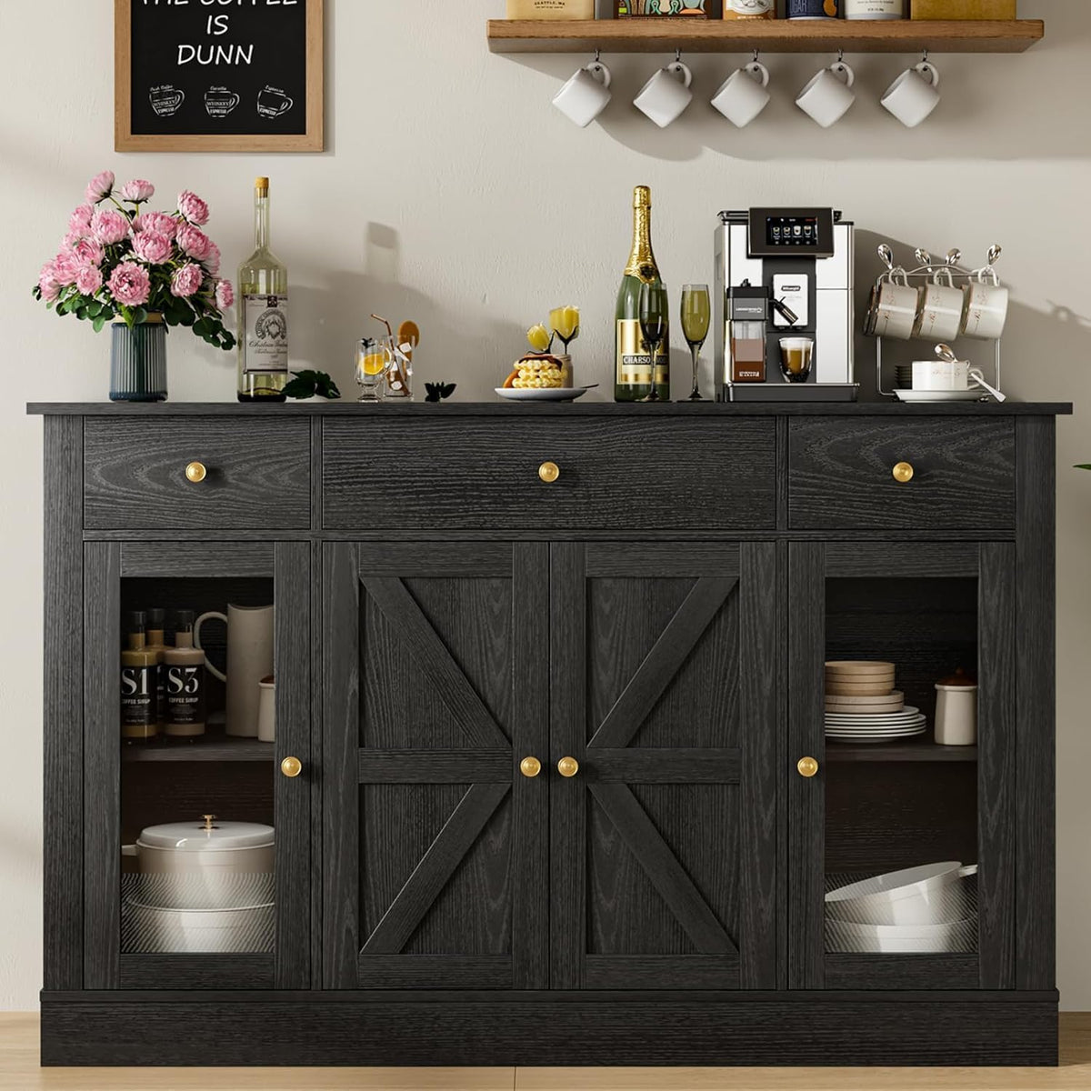 4 EVER WINNER Black Buffet Cabinet with Storage, 55" Coffee Bar Cainets with 3 Drawers and Glass Doors, Sideboard Buffet Cabinet for Kitchen, Living Room