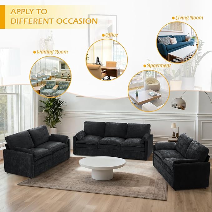 ACMEASE 3 Pieces Chenille Couch Set w/Arm Pillows, Upholstered 2 Pieces Loveseat & 3 Seater Sofa w/Comfortable Back Cushions, Modern 2-Seat & 3-Seat w/High-Density Foam for Living Room, Black