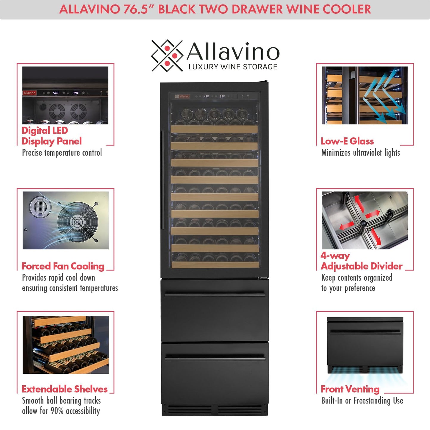 Allavino 76.5" Tall Black Wine Refrigerator with Two Refrigerated Drawers YHWR7724D-B