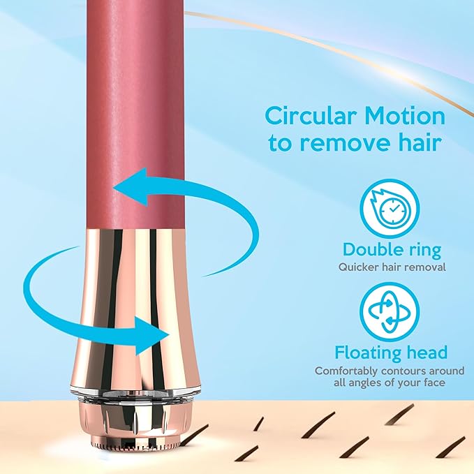Facial Hair Remover for Women – Painless Flawless Electric Razor, Epilator & Trimmer 18K Gold-Plated Dual Ring Floating Head 20mm, USB Rechargeable, 360° LED Light for Face, Lip & Chin