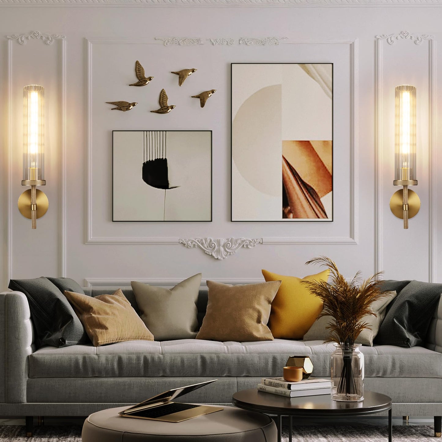 19.5" Knurled Brass Wall Sconces Set of 2, Gold Bathroom Vanity Light Fixtures with Vertical Striped Glass Tube, Modern Lamp Lighting for Bedroom, Living Room, Hallway, Staircase, Mirror, Kitchen