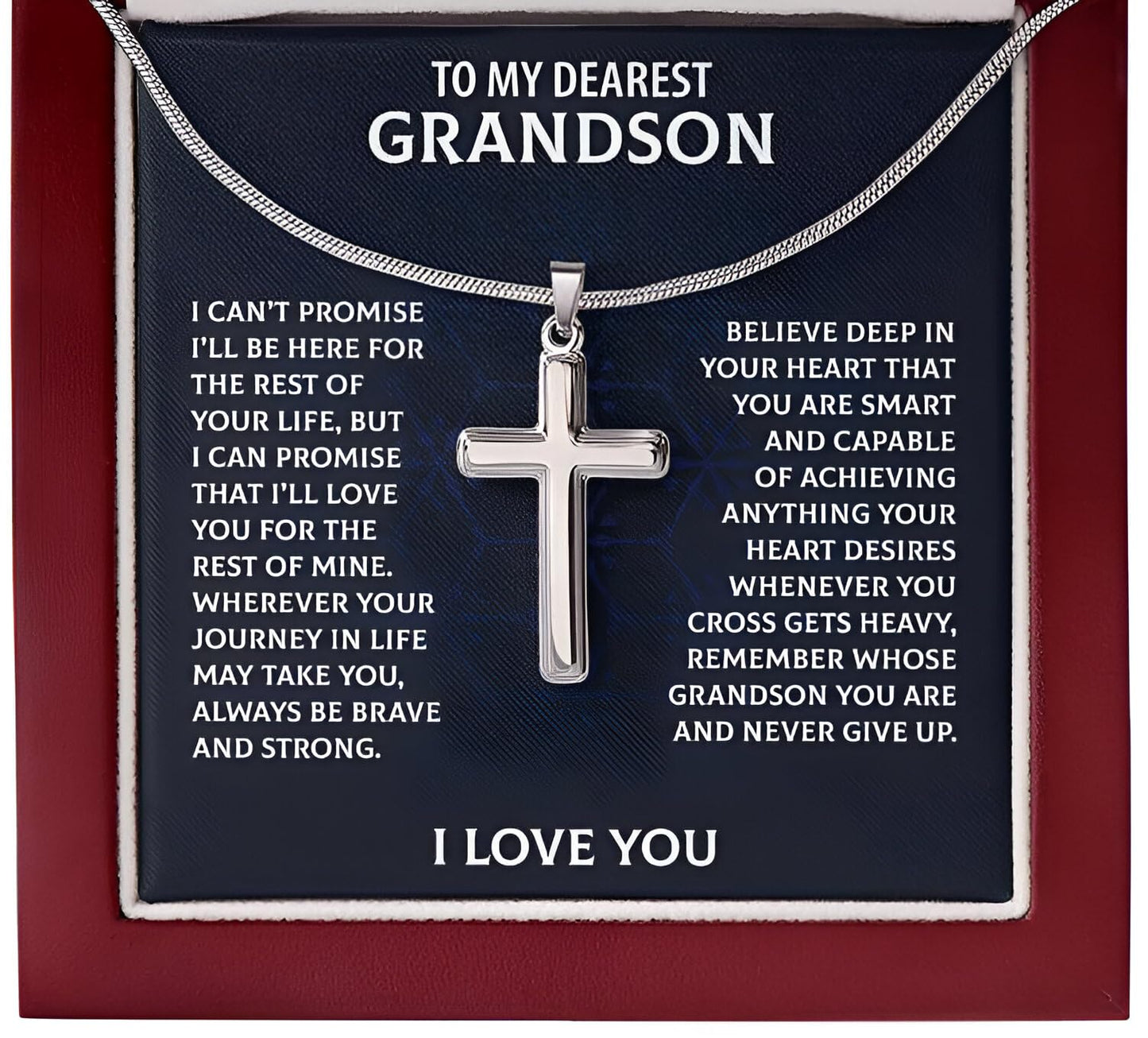 FLOWER TKV My Grandson Personalized Cross Necklace, Gift For Grandson From Grandma Grandpa, Graduation Birthday Birthday Christmas Cross Necklace Gift (Luxury Box w/LED, Brave &Strong)